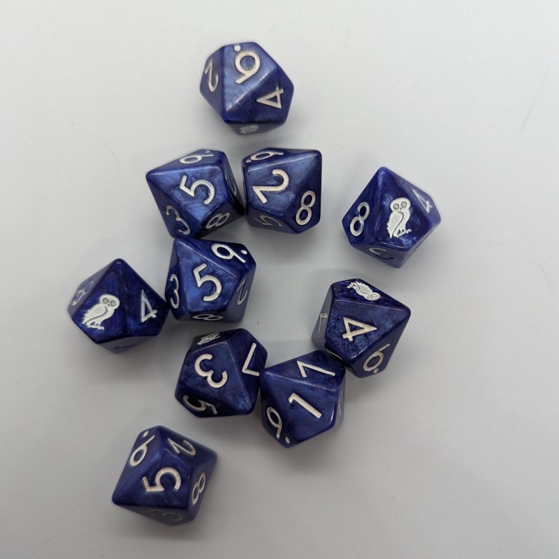 Blue 10-sided dice with white numbers